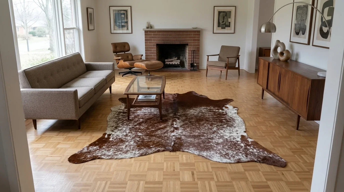 Kuhfell in Braun-Weiß im Wohnzimmer im Mid-Century-Stil