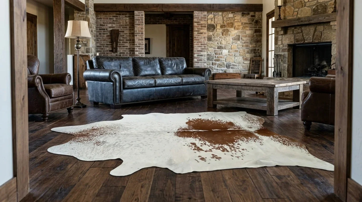 Brown and White cowhide rug on hardwood floor in Texas Ranch living room
