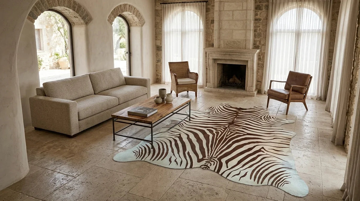 Brown and White cowhide rug on hardwood floor in organic mediterranean living room