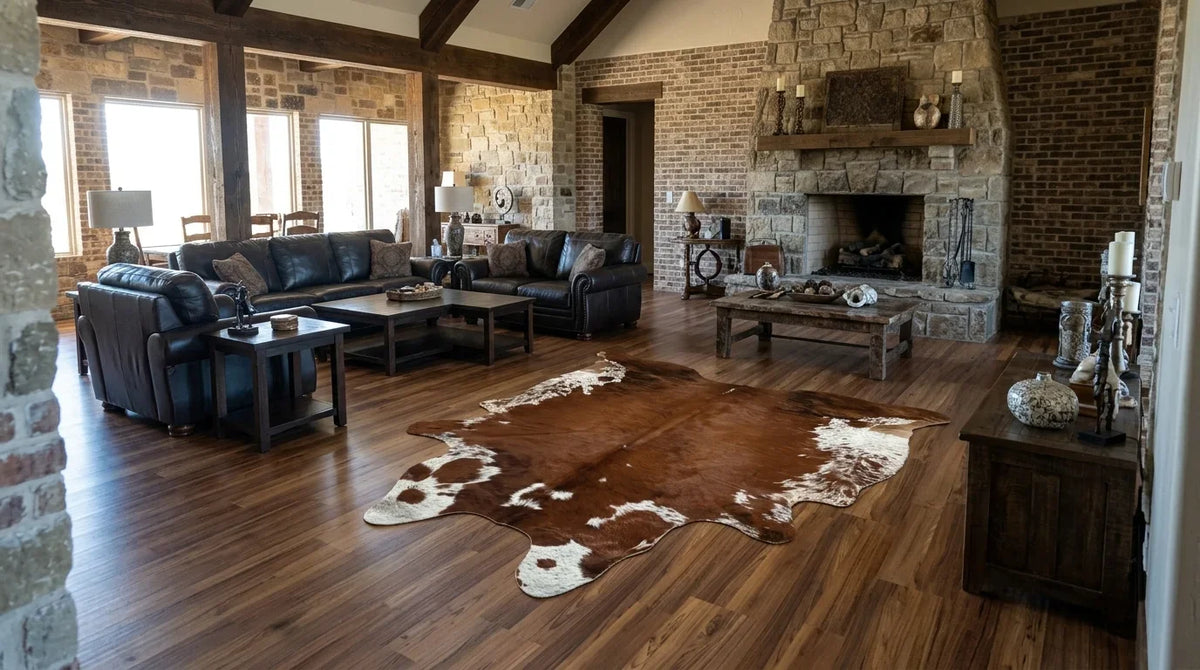 Brown and White cowhide rug on hardwood floor in Texas Ranch living room