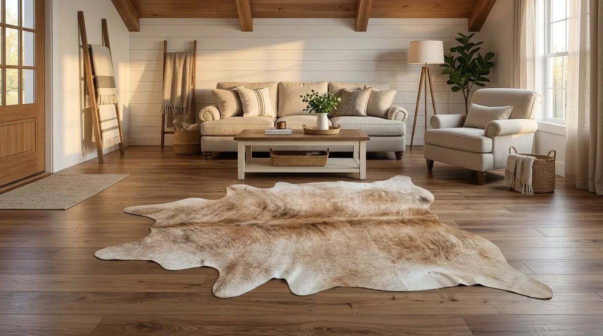 Brown and White cowhide rug on hardwood floor in modern farmhouse living room