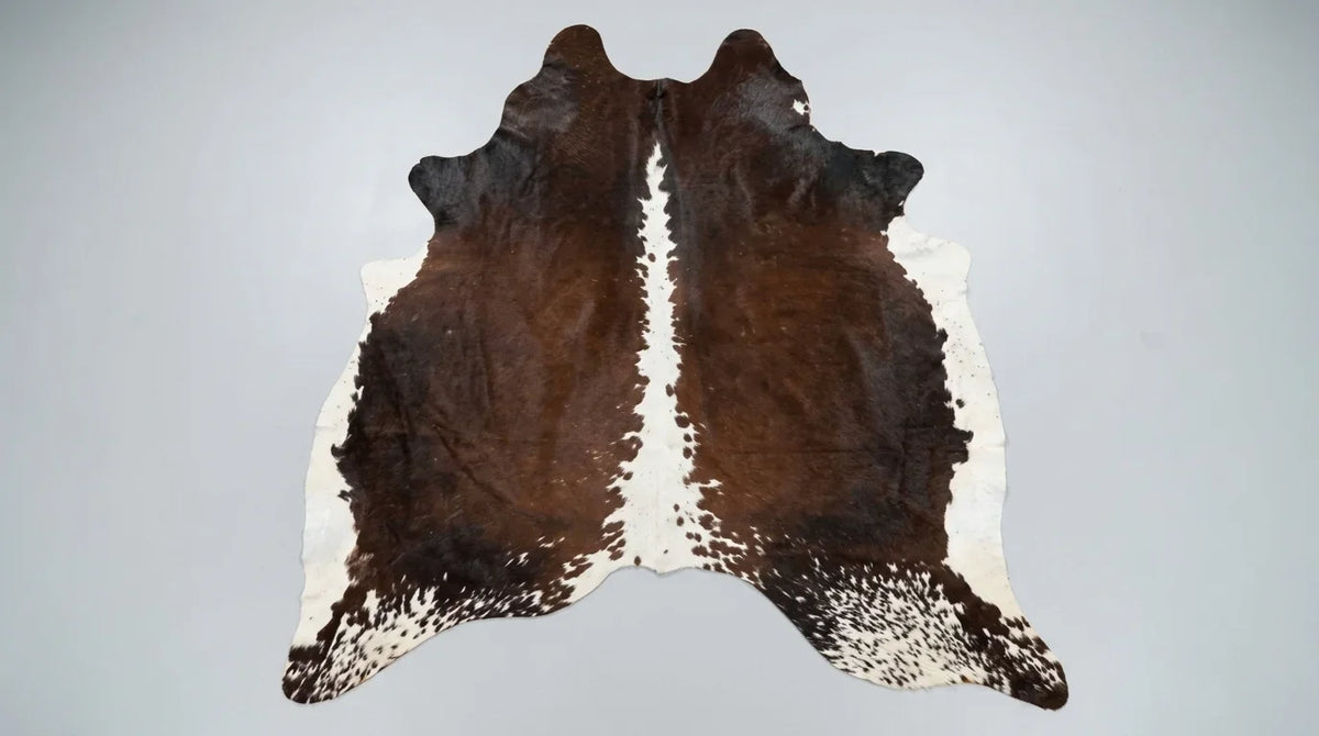 Brown and White cowhide rug flat lay on white background showing full hide shape