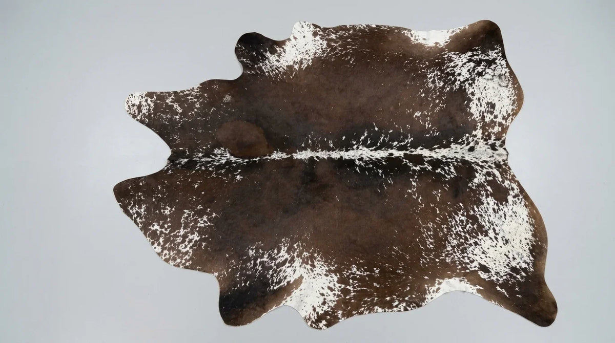Brown and White cowhide rug flat lay on white background showing full hide shape