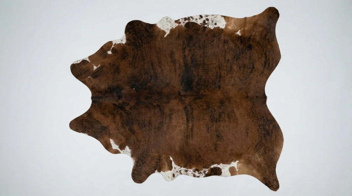 Brown and White cowhide rug flat lay on white background showing full hide shape