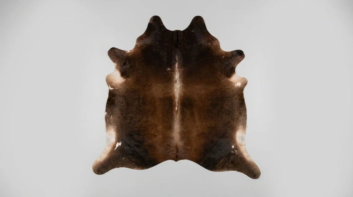 Brown and White cowhide rug flat lay on white background showing full hide shape