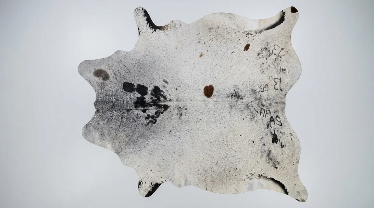 Brown and White cowhide rug flat lay on white background showing full hide shape