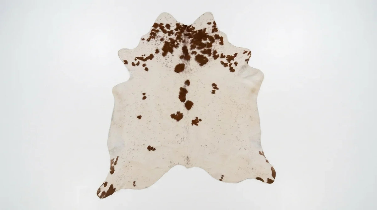 Brown and White cowhide rug flat lay on white background showing full hide shape