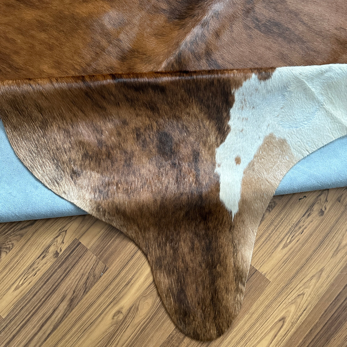 Close-up texture of Brown and White cowhide rug — Large irregular chocolate brown patches over white base with natural hide c