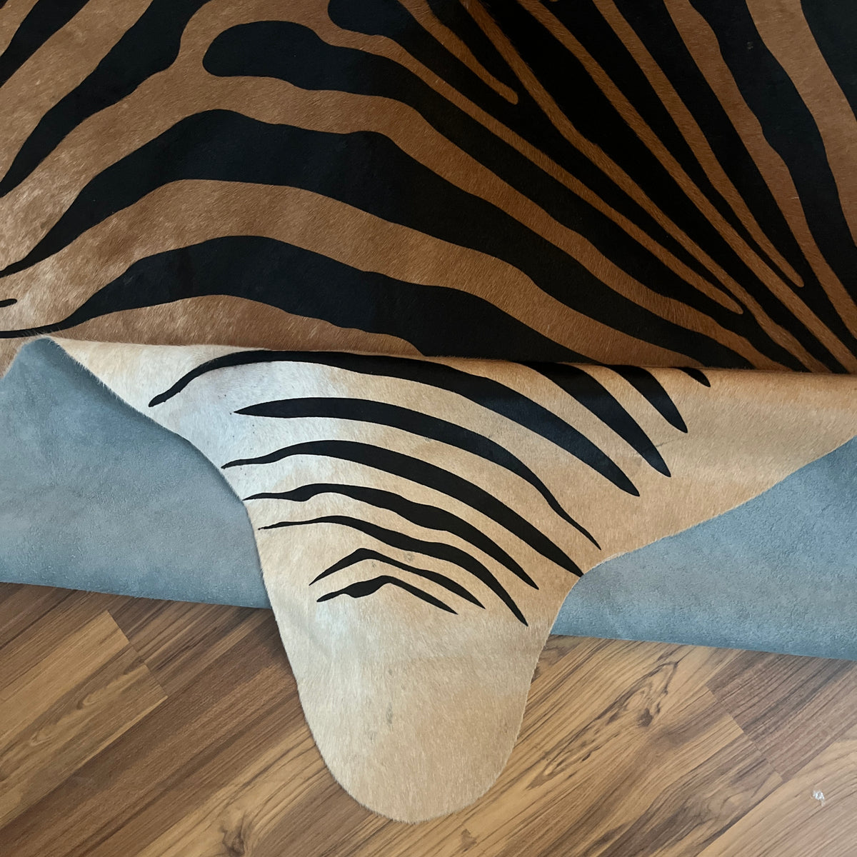 Close-up texture of Brown and White zebra print cowhide rug — Bold black stripes radiating from center over cream and tan bas