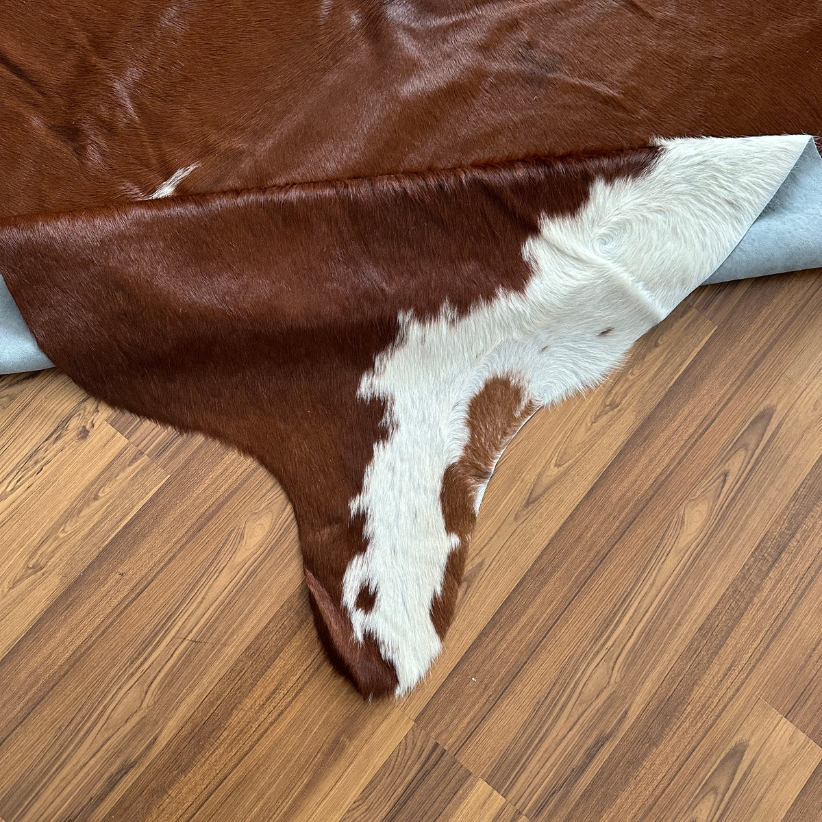 Close-up texture of Brown and White cowhide rug — Large irregular dark brown patches with white markings, vertical white stri
