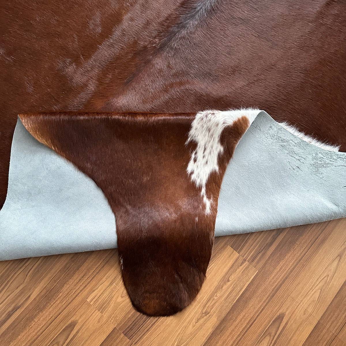 Close-up texture of Brown and White cowhide rug — Large irregular dark brown patches with white markings over a chocolate bro