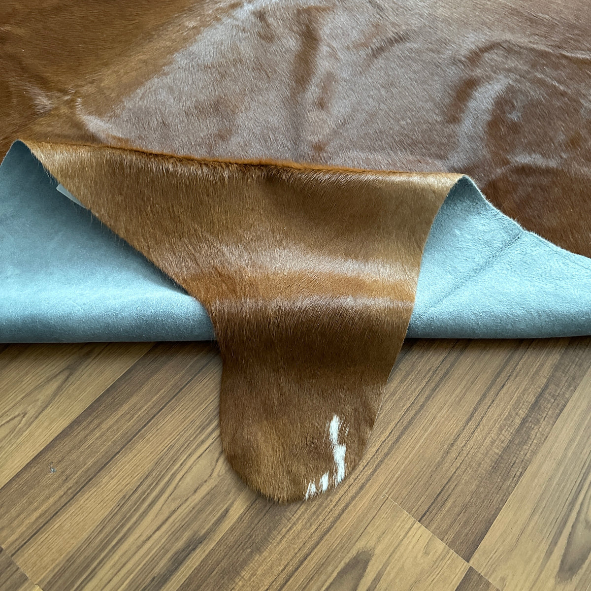 Close-up texture of Brown and White cowhide rug — Large irregular chocolate brown patches with white markings over tan base