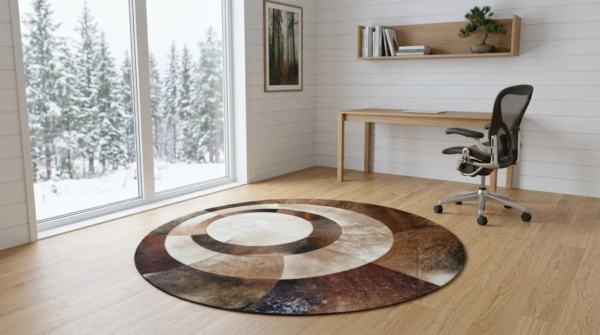 Brown and White round cowhide rug under desk in scandinavian cabin home office