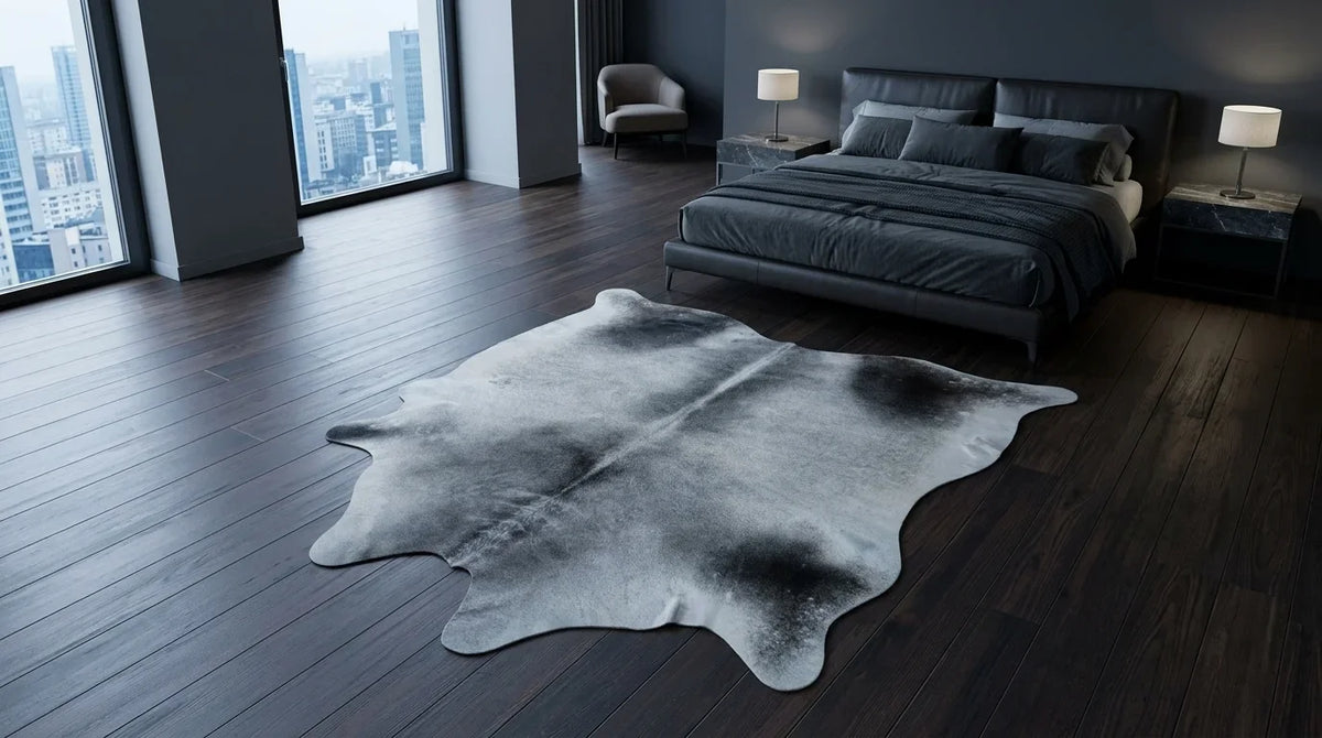 Kuhfell in Grau mit Salt-and-Pepper-Muster im Schlafzimmer im Mailänder Penthouse-Stil
