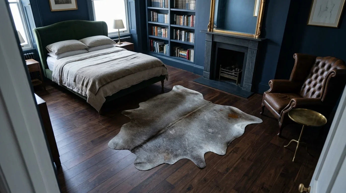 Grey cowhide rug beside bed in london townhouse bedroom