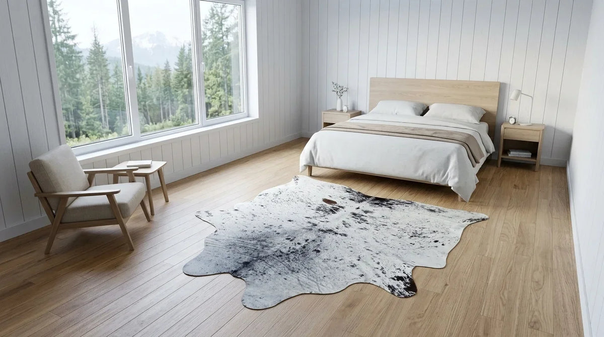 Kuhfell in Grau mit Salt-and-Pepper-Muster im Schlafzimmer im skandinavischen Hüttenstil