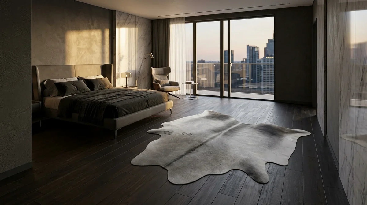 Kuhfell in Grau im Schlafzimmer im Mailänder Penthouse-Stil