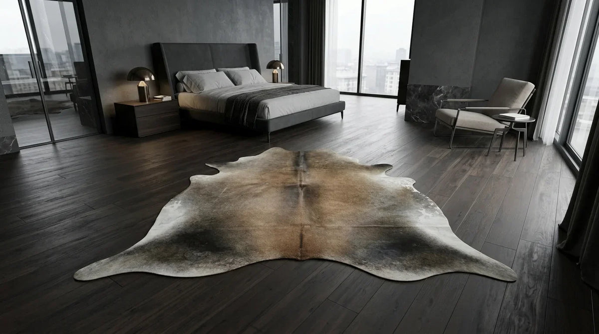 Grey cowhide rug beside bed in milano penthouse bedroom