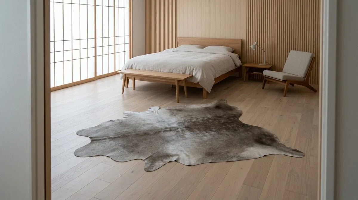 Grey cowhide rug beside bed in tokyo minimal bedroom