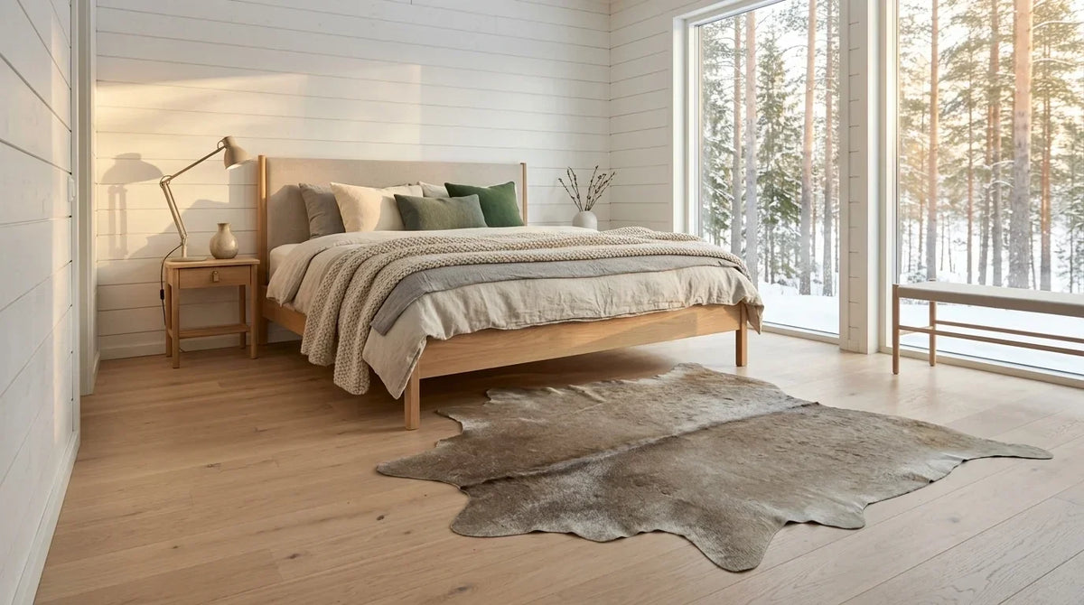 Kuhfell in Grau im Schlafzimmer im skandinavischen Hüttenstil