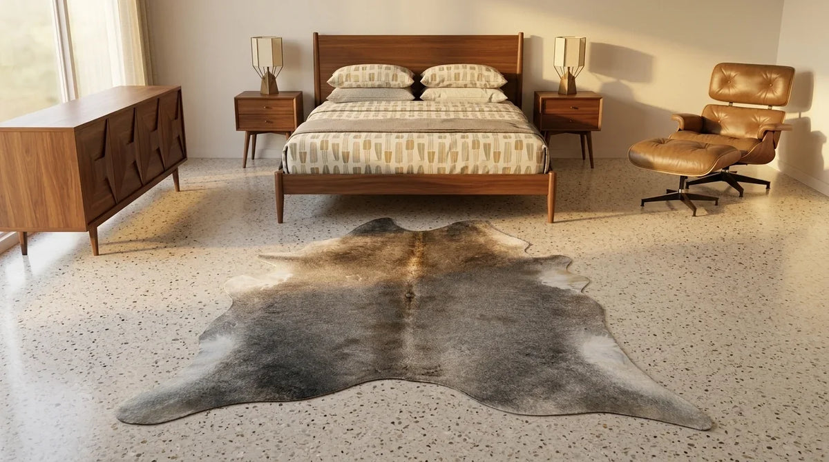 Grey cowhide rug beside bed in midcentury modern bedroom