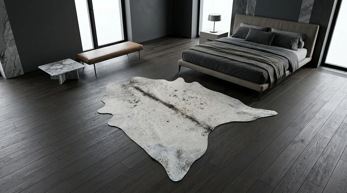 Grey cowhide rug beside bed in milano penthouse bedroom