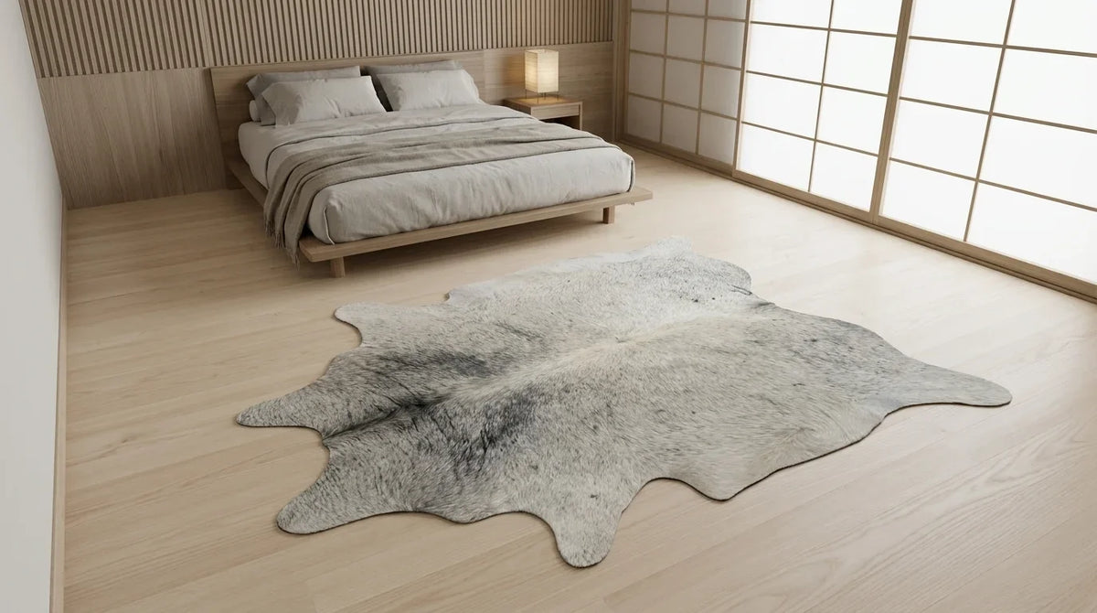 Grey cowhide rug beside bed in tokyo minimal bedroom