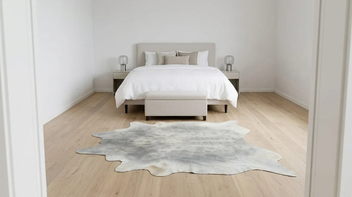Grey cowhide rug beside bed in contemporary european bedroom