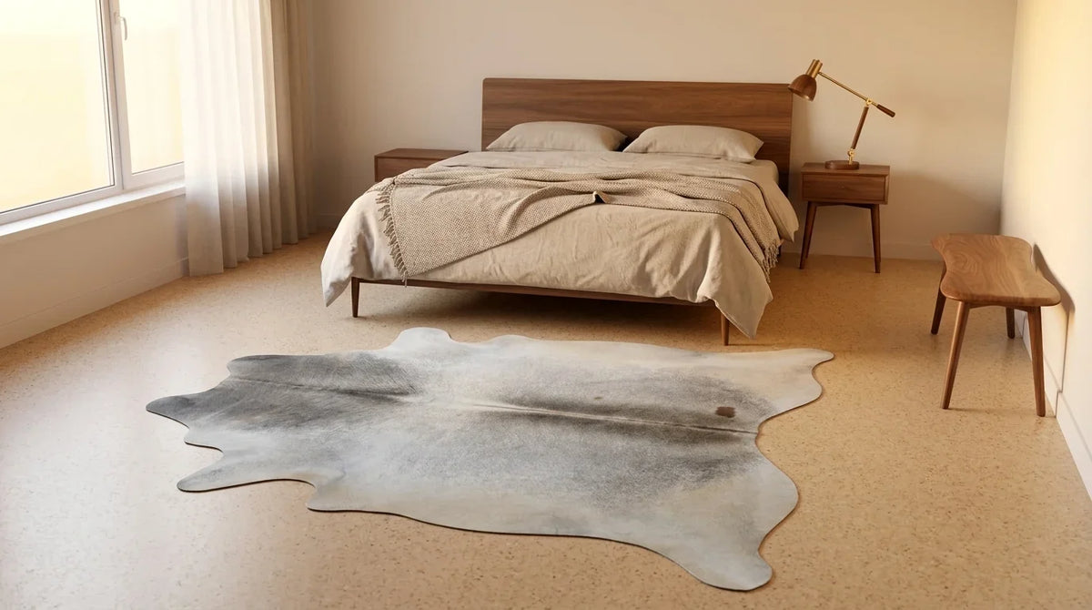 Grey cowhide rug beside bed in midcentury modern bedroom