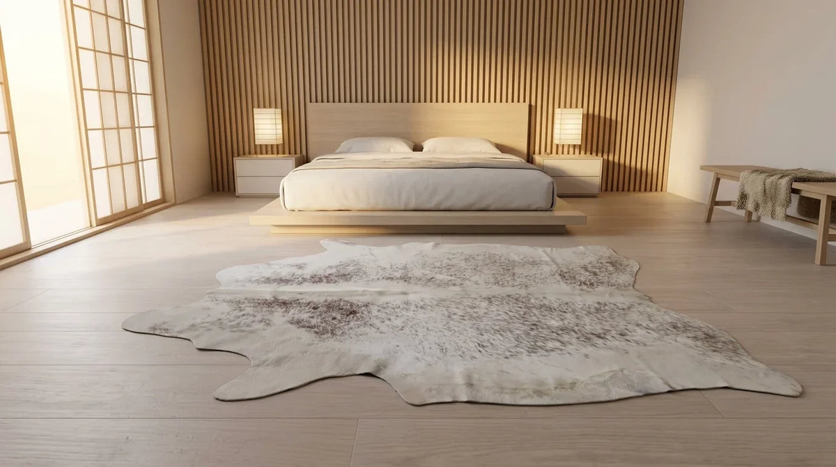 Kuhfell in Grau mit Salt-and-Pepper-Muster im Schlafzimmer im minimalistischen Tokio-Stil