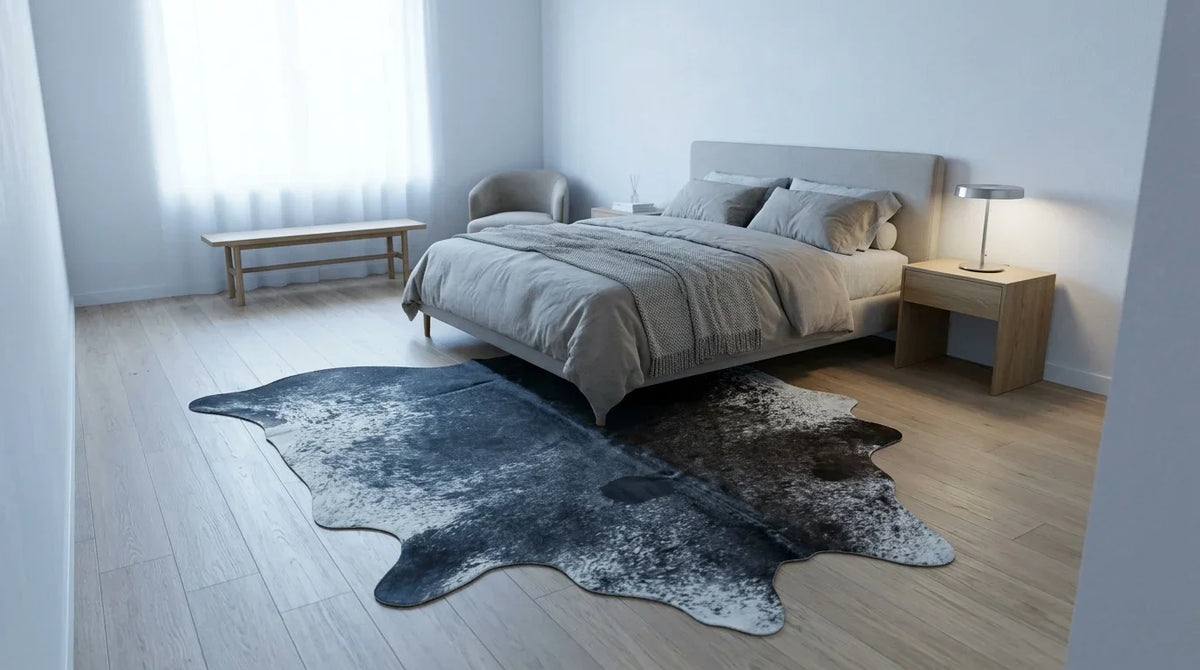 Grey cowhide rug beside bed in contemporary european bedroom
