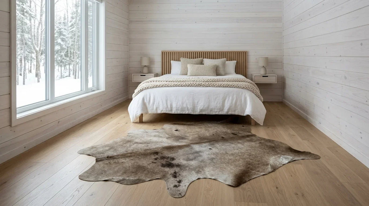 Grey cowhide rug beside bed in scandinavian cabin bedroom