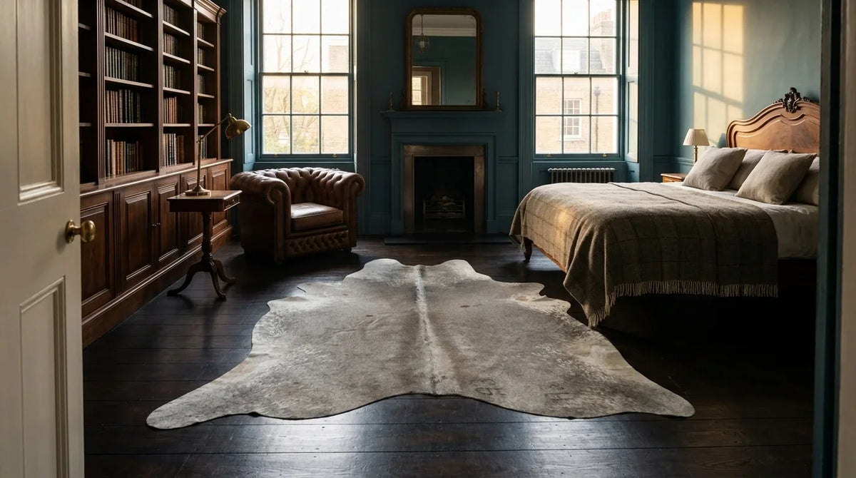 Grey cowhide rug beside bed in london townhouse bedroom