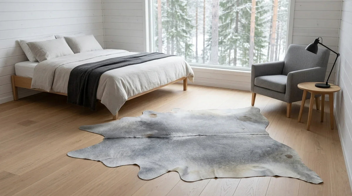 Grey cowhide rug beside bed in scandinavian cabin bedroom