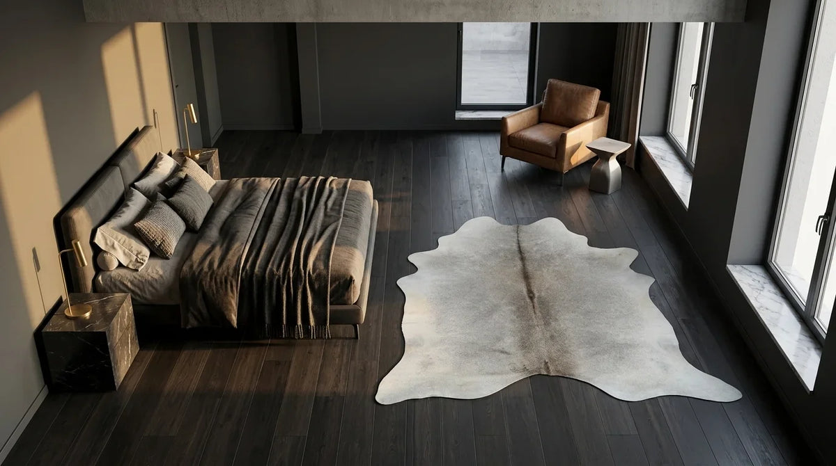 Grey cowhide rug beside bed in milano penthouse bedroom