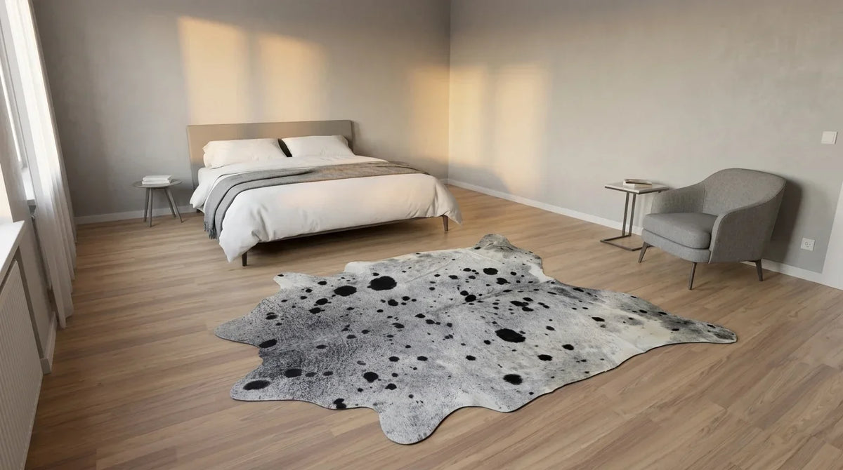Kuhfell in Grau mit Salt-and-Pepper-Muster im Schlafzimmer im zeitgenössischen europäischen Stil