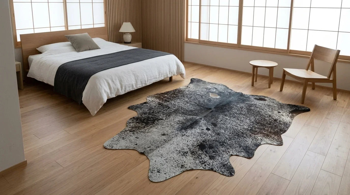 Kuhfell in Grau mit Salt-and-Pepper-Muster im Schlafzimmer im minimalistischen Tokio-Stil
