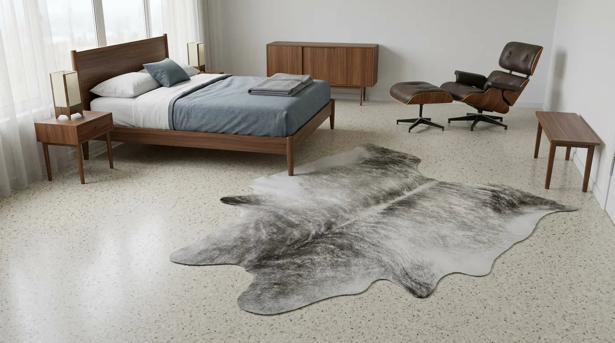 Kuhfell in Grau im Schlafzimmer im Mid-Century-Stil