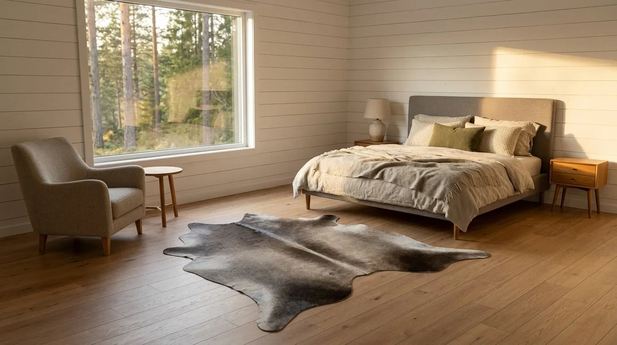 Grey cowhide rug beside bed in scandinavian cabin bedroom