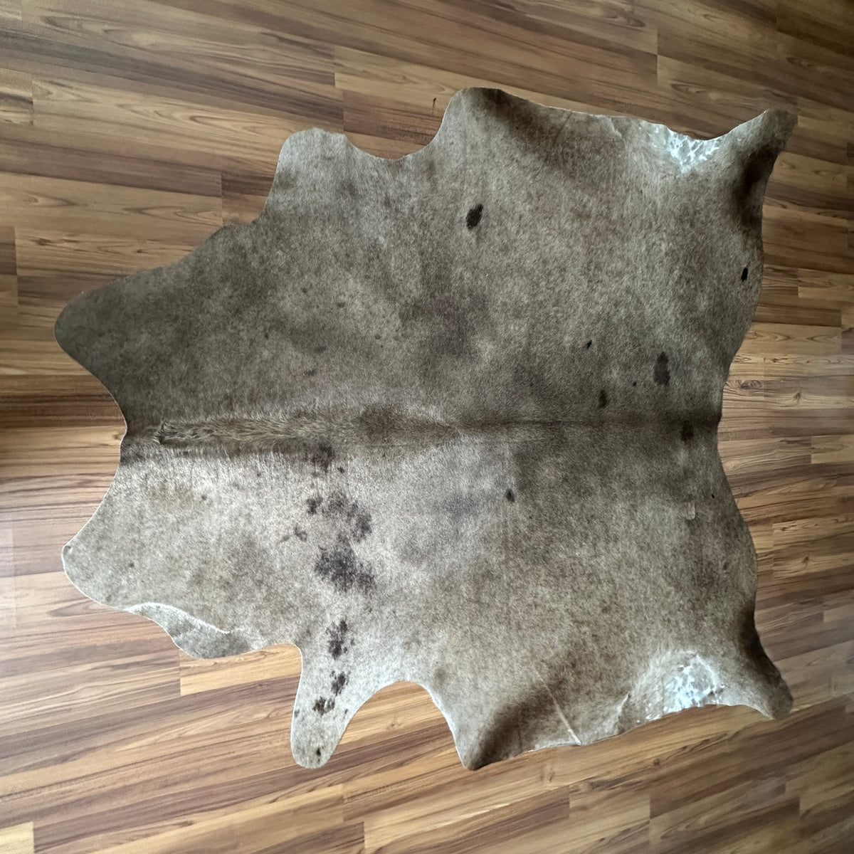 Grey cowhide rug, full overhead view — Large irregular dark brown and charcoal patches over light grey base