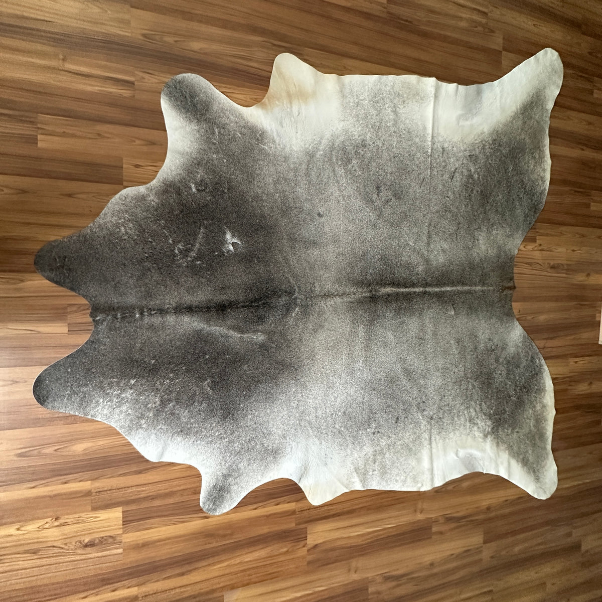 Grey cowhide rug, full overhead view — Large irregular patches of dark and light grey over cream base with natural mottling