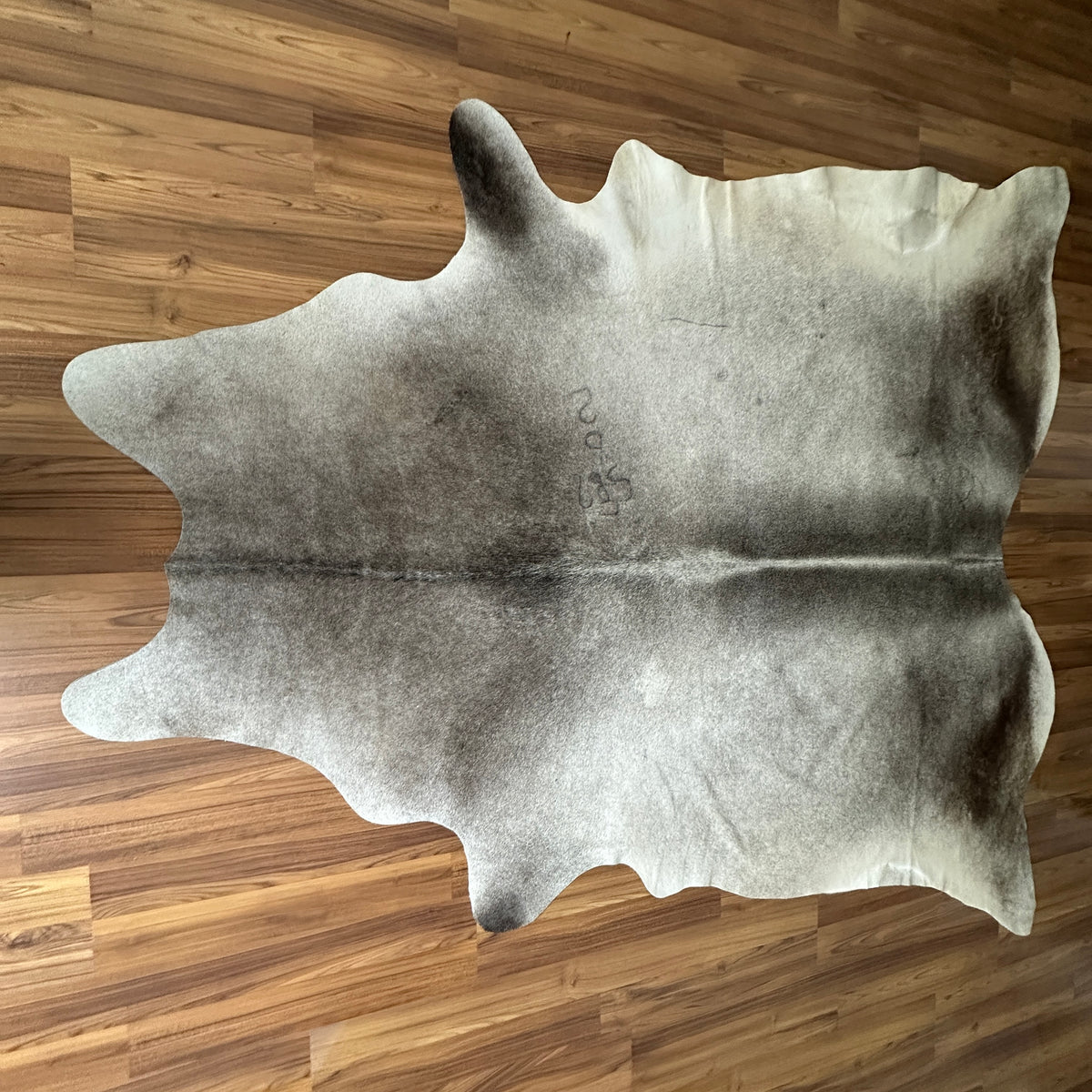 Grey cowhide rug, full overhead view — Large irregular patches and mottled markings in charcoal and light grey over cream bas
