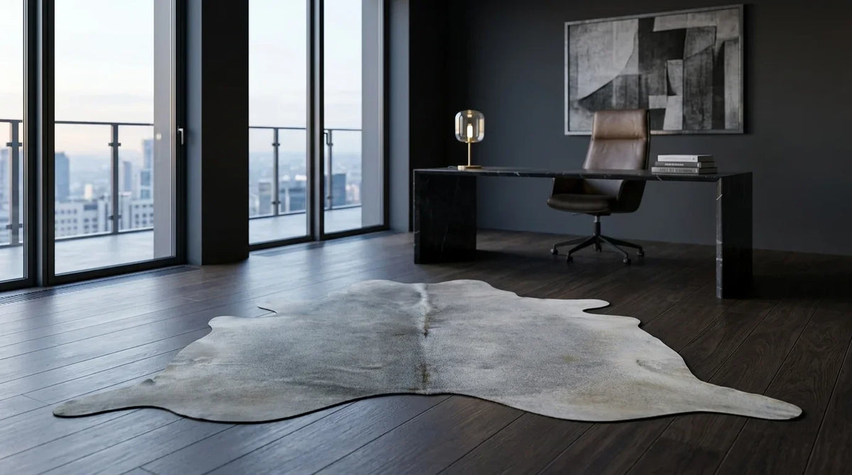Grey cowhide rug under desk in milano penthouse home office