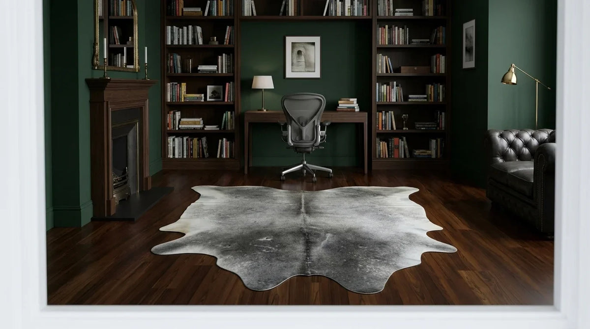 Grey cowhide rug under desk in london townhouse home office