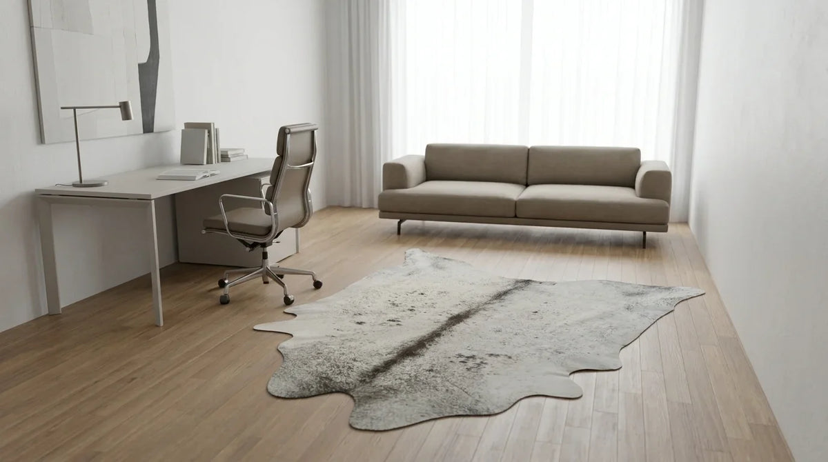 Grey cowhide rug under desk in contemporary european home office