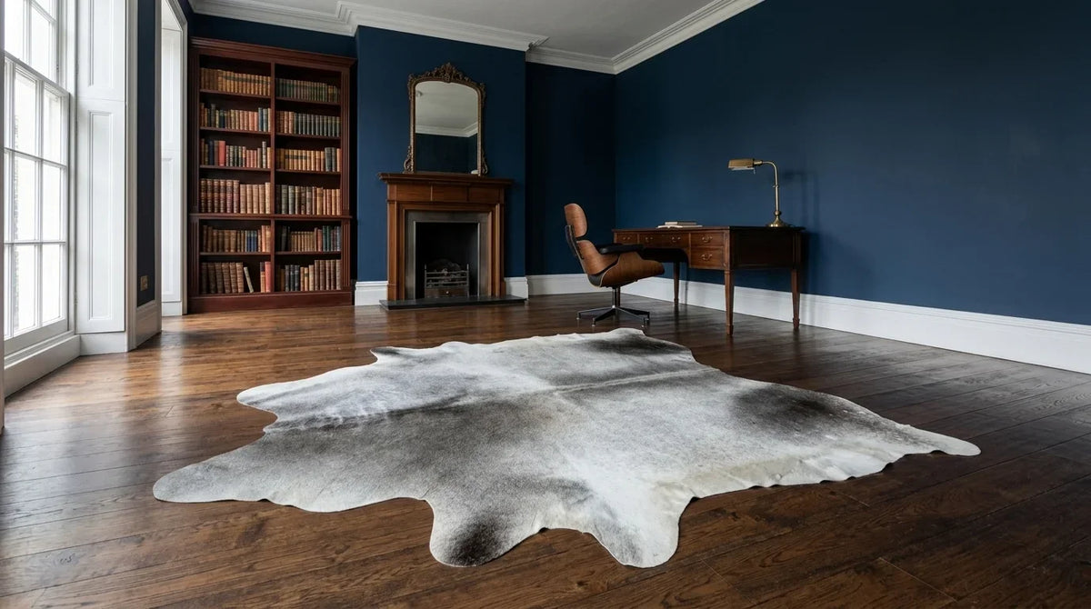 Kuhfell in Grau mit Salt-and-Pepper-Muster im Arbeitszimmer im Londoner Stadthaus-Stil