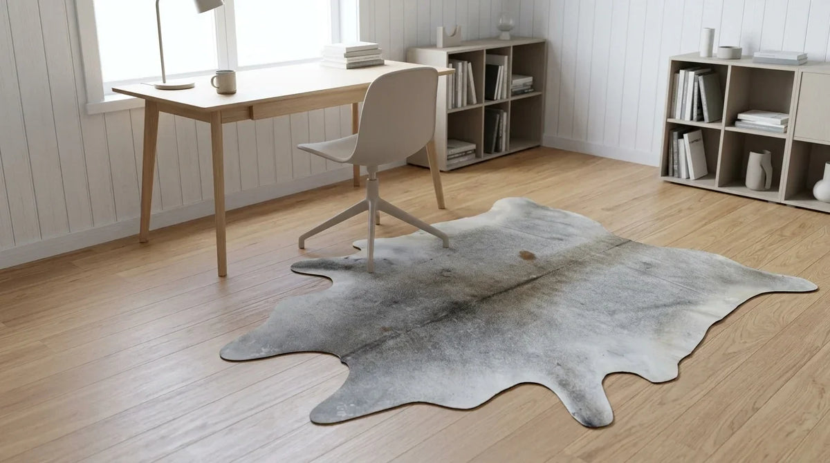 Grey cowhide rug under desk in scandinavian cabin home office