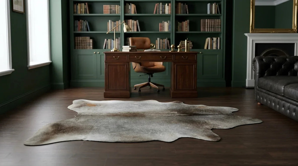 Grey cowhide rug under desk in london townhouse home office