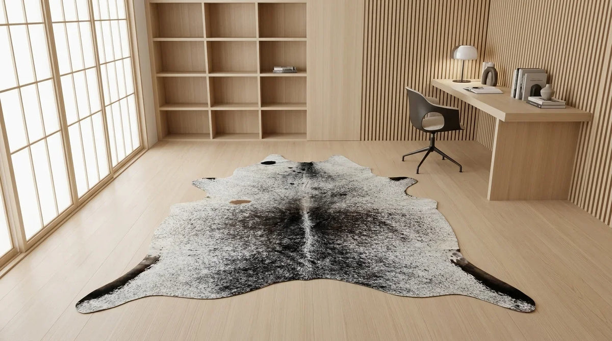Kuhfell in Grau im Arbeitszimmer im minimalistischen Tokio-Stil