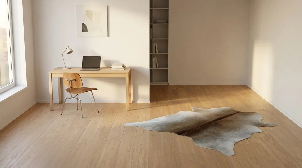 Grey cowhide rug under desk in contemporary european home office
